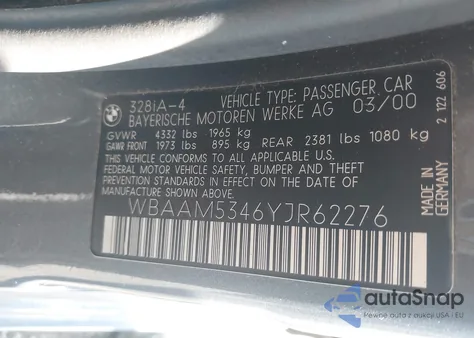 2000 BMW 328I from USA, damaged, VIN WBAAM5346YJR62276